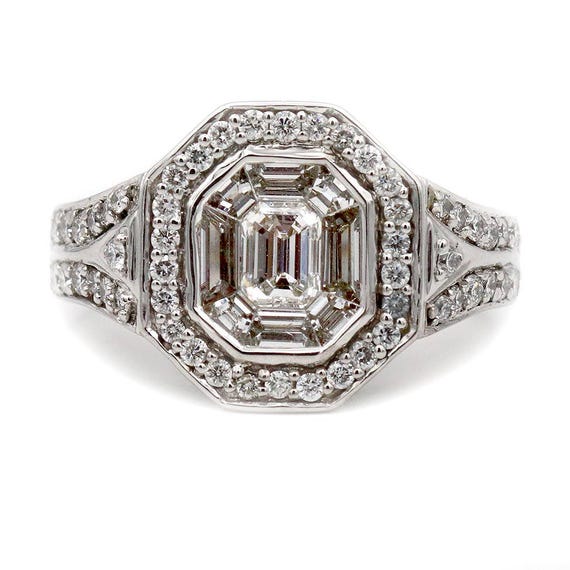 Vintage Engagement Ring, 1.30ct Illusion Set Emerald Cut Diamond, Shield Cut Accents, 14K White Gold, 1980s Jewelry