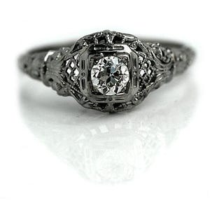 Antique Engagement Ring .35ct Old Euro Cut Diamond – 1930s 18K White Gold – Filigree & Openwork – Conflict-Free Sustainable Vintage Ring