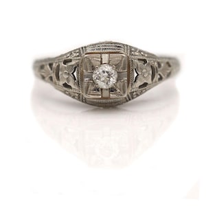 Art Deco .15ctw European Cut Diamond Filigree Engagement Ring, 18K White Gold Floral Design