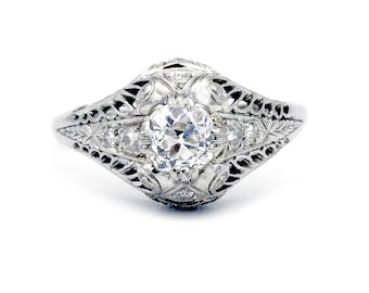 Art Deco-förlovningsring | Antik 0,60 ct gammal europeisk diamant i platina