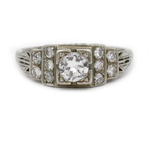 Art Deco Engagement Ring .55 CTW Two Tiered Geometric Square Filigree Antique Engagement Ring