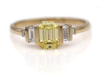 Fancy Intense Yellow Engagement Ring GIA 1.06 CTW Natural Fancy Intense Yellow Emerald Cut Vintage Diamond Engagement Ring