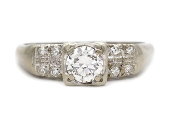 Antique .77 CTW Old European Cut Vintage Diamond Engagement Ring with Side Stones