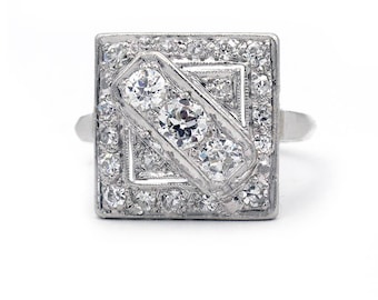 1960s Vintage Diamond Cocktail Ring in Platinum | Asymmetrical European Cut Diamonds | Square Milgrain Halo Design