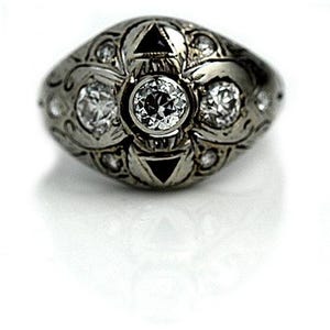 Art Deco Dome Ring .75ct Mine Cut Diamonds – 1920s 14K White Gold – Triangle Sapphire Accents – Vintage Cocktail Engagement Ring