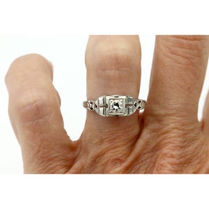Vintage Antique Art Deco Diamond Engagement Ring in 14K White Gold | Solitaire European Cut Diamond Stacking Ring image 4