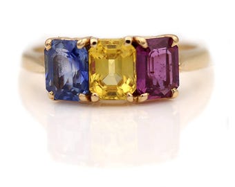 Vintage Saphir Ring 3.00ct rosa gelb blauer Smaragdschliff - 14K Gelbgold - 1980er Jahre Edelstein-Verlobungsring - seltenes Tricolor Design -