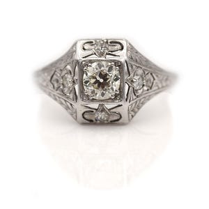 Antique Diamond Ring Vintage White Gold Filigree European Cut Diamond Art Deco Engagement Ring image 1