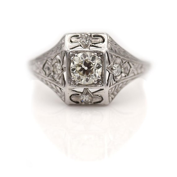 Antique Diamond Ring Vintage  White Gold Filigree European Cut Diamond Art Deco Engagement Ring