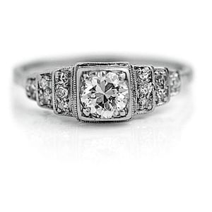 Art Deco Platinum, Diamond and European Cut Ring - Filigree - Size 7