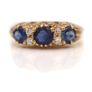 Victorian 1.20 CTW Three Stone Sapphire Mine Cut Diamond Antique Wedding Ring
