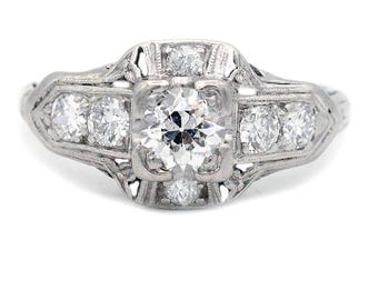 Art-deco platina oude Europees geslepen diamanten verlovingsring | Circa 1930