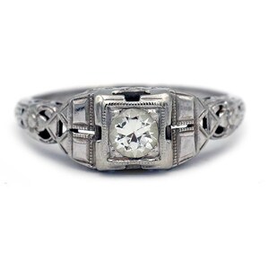 Vintage Antique Art Deco Diamond Engagement Ring in 14K White Gold | Solitaire European Cut Diamond Stacking Ring image 5