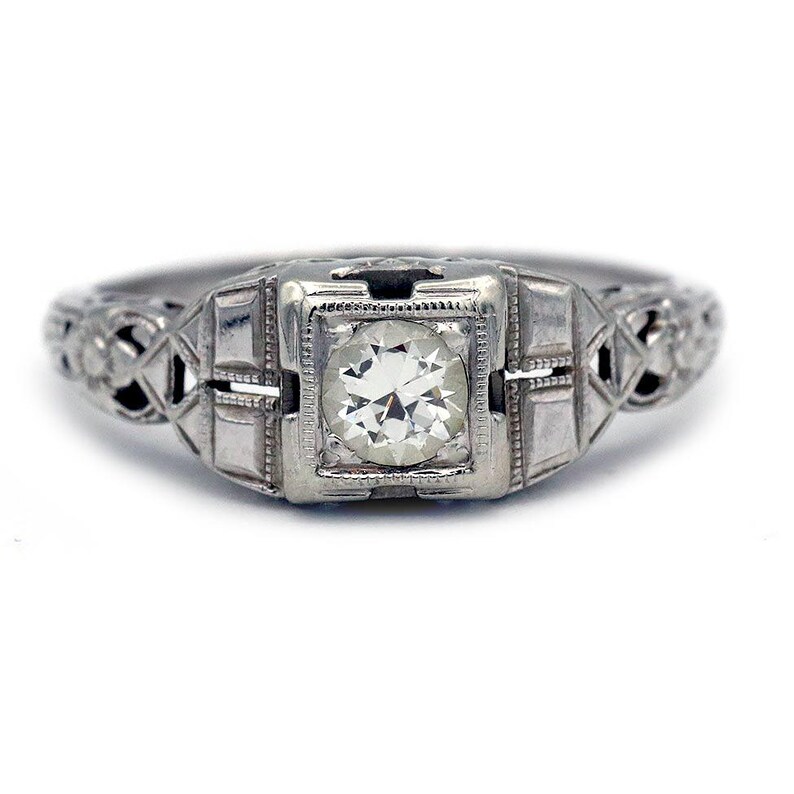 Vintage Antique Art Deco Diamond Engagement Ring in 14K White Gold | Solitaire European Cut Diamond Stacking Ring image 5