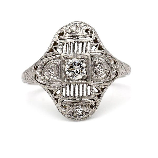 Art Deco .33 CTW Platinum Antique Diamond Dinner Ring Circa 1930s