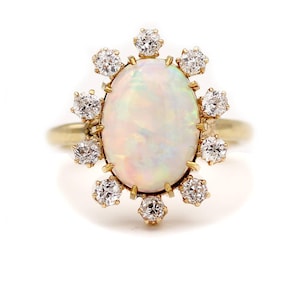 Mid-Century Opal Engagement ring 3.90 CTW 14 karat Yellow Gold Opal Mine Cut Diamond Engagement Ring Birthstone Ring