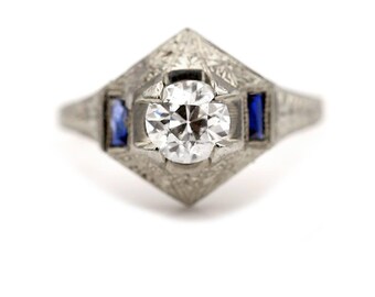 Antique .73 CTW Diamond Art Deco Engagement Ring with Sapphire Baguettes GIA H/SI1
