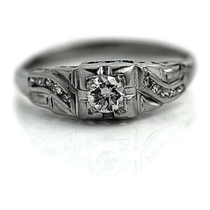 Art Deco Engagement Ring .30ct Old Euro Diamond G VS2 – 1930s 14K White Gold – Asymmetrical Filigree Vintage Ring