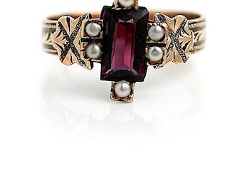 Victorian .75 CTW Rectangular Cut Purple Tourmaline & Pearl Gemstone Engagement Ring