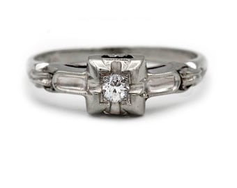 1930s Fidelity Mine Cut Diamond Engagement Ring – 0.15ct F VS2 in 18K White Gold with Filigree & Milgrain