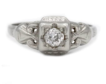Art Deco Engagement Ring .30 CTW Old Mine Cut Antique Engagement Ring 18 Karat White Gold Vintage Diamond Ring
