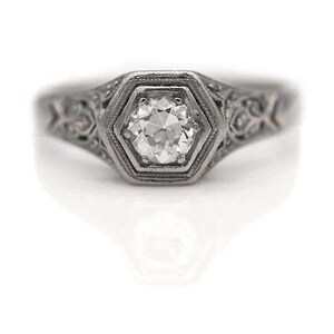 Anillo de compromiso vintage de platino con talla europea, solitario, estilo Art Déco de los años 30, talla 5.25. imagen 5