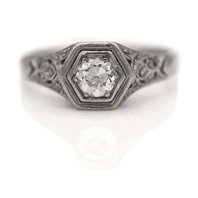 Anillo de compromiso vintage de platino con talla europea, solitario, estilo Art Déco de los años 30, talla 5.25. imagen 5