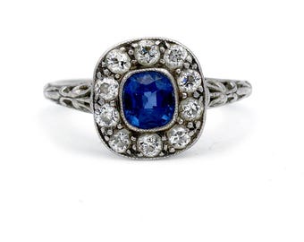 Antiker Saphir Verlobungsring 1.10 CTW Saphir European Cut Diamant Halo Vintage Saphir Ring