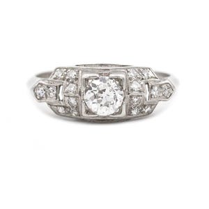 Art Deco Engagement Ring .72 CTW Old Mine Cut Diamond Platinum Antique Engagement Ring