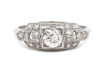Art Deco Engagement Ring .72 CTW Old Mine Cut Diamond Platinum Antique Engagement Ring