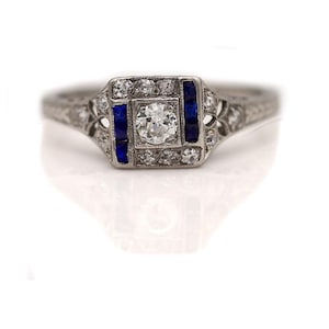 Art Deco Engagement Ring .15ct Old European Cut Diamond – Sapphire & Mine Cut Accents – Platinum Filigree Vintage 1930s Ring