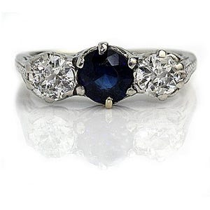 Vintage Engagement Ring Blue Sapphire 2.80ctw European Cut Engagement Ring Platinum Filigree Ring Three Stone September Birthstone Ring!