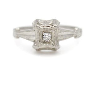 Antique Promise Ring .10ct Mine Cut Diamond G VS2 – 1930s Two-Tier 14K White Gold – Filigree Geometric Vintage Ring