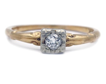 Vintage Dainty Diamond Ring Simple Diamond Antique Wedding Ring 14k Two Tone Gold Diamond Simple Dainty Promise Ring 14k Diamond Ring