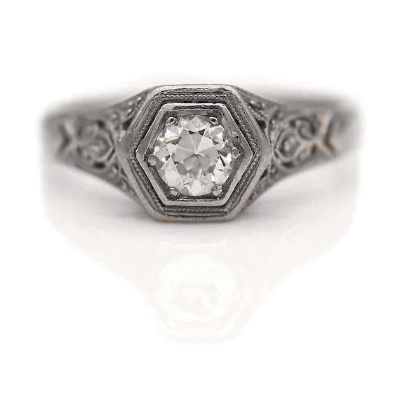 Vintage Engagement Ring European Cut Platinum Solitaire Engagement Ring Art Deco 1930s Antique Engagement Ring Size 5.25