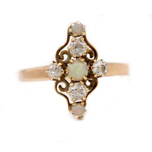 Victorian Opal Engagement Ring .70 CTW Opal & Mine Cut Diamond Antique Dinner Ring