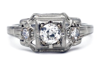 Antique Engagement Ring .44 CTW Old Mine Cut Diamond 18 Karat White Gold Antique Diamond Engagement Ring