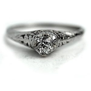 Art Deco 1930s Old European Cut Diamond Engagement Ring in 14k White Gold