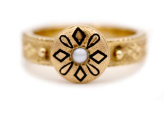 Antiker georgischer 9 Kt Gelbgold Onyx Emaille Trauerring