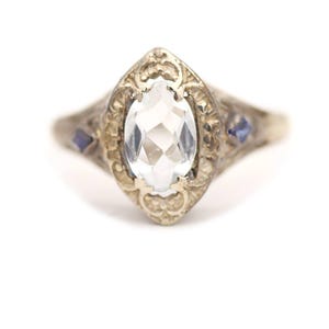 Anillo de compromiso con aguamarina, anillo de compromiso con zafiro vintage de los años 30, anillo de aniversario de bodas en oro blanco de 14 quilates &quot;The Franca&quot;