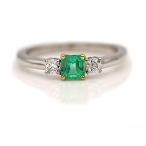 Vintage Emerald Ring .40 Ct GIA Colombian Emerald & Old Mine Cut Diamond Three Stone Emerald Engagement Ring Gemstone Ring May Birthstone