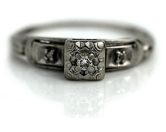 Rare Antique Promise Ring For Her, Art Deco Promise Ring, Transitional Cut 1930's White Gold Ring AD2070 "The Lita"