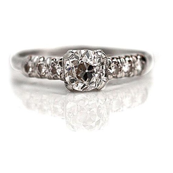 Vintage Diamond Ring .50ct Mine Cut J VS2 – Platinum 1940s – Transitional Cut Accents – Classic Antique Engagement Ring