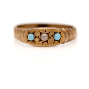 Victorian Wedding Ring with Seed Pearl & Turquoise – 1900s 10K Rose Gold – Antique Dainty Band – Starburst Victorian Engagement Ring