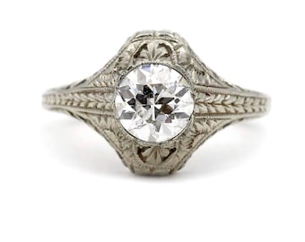 Vintage Edwardian Engagement Ring | .80ct Old European Cut Diamond | 18K White Gold