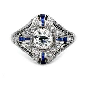 Vintage Engagement Ring Sapphire 1.15 CTW Platinum Old Mine Cut Diamond Art Deco Engagement Ring