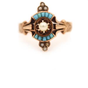 Victorian Engagement Ring Antique .30 CTW Turquoise and Pearl Victorian Engagement Ring