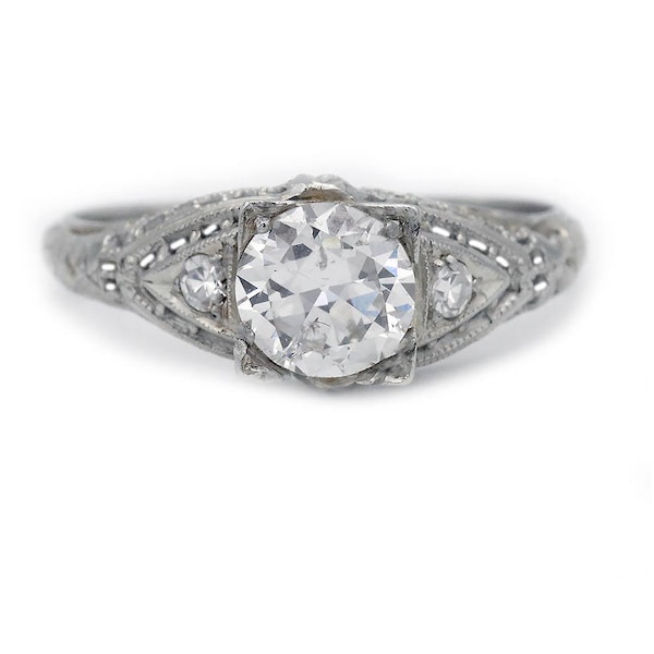 Art Deco 1.00 CTW Old European Cut Diamond 18 Karat White Gold Geometric Engagement Ring