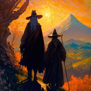 Stampa artistica digitale di Gandalf e Pipino / Poster stampabile del Signore degli Anelli / Decorazioni murali scaricabili della Terra di Mezzo / Casa fantasy