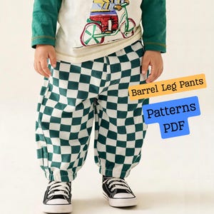 May include: Barrel leg pants featuring a dark green and white checkered pattern. The image includes text that reads Barrel Leg Pants and Patterns PDF. The pants are worn with a long-sleeved shirt and black and white sneakers.